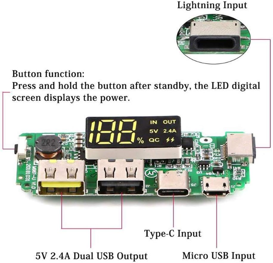 لوحة شاحن بطارية ليثيوم 18650 بمنفذ USB مزدوج 5 فولت 2.4 امبير، وحدة باور بانك ميني نوع سي مع شاشة عرض LED مزودة بلوحة صغيرة للحماية من الشحن الزائد والتفريغ الزائد من وسدمافيز، قطعة واحدة
